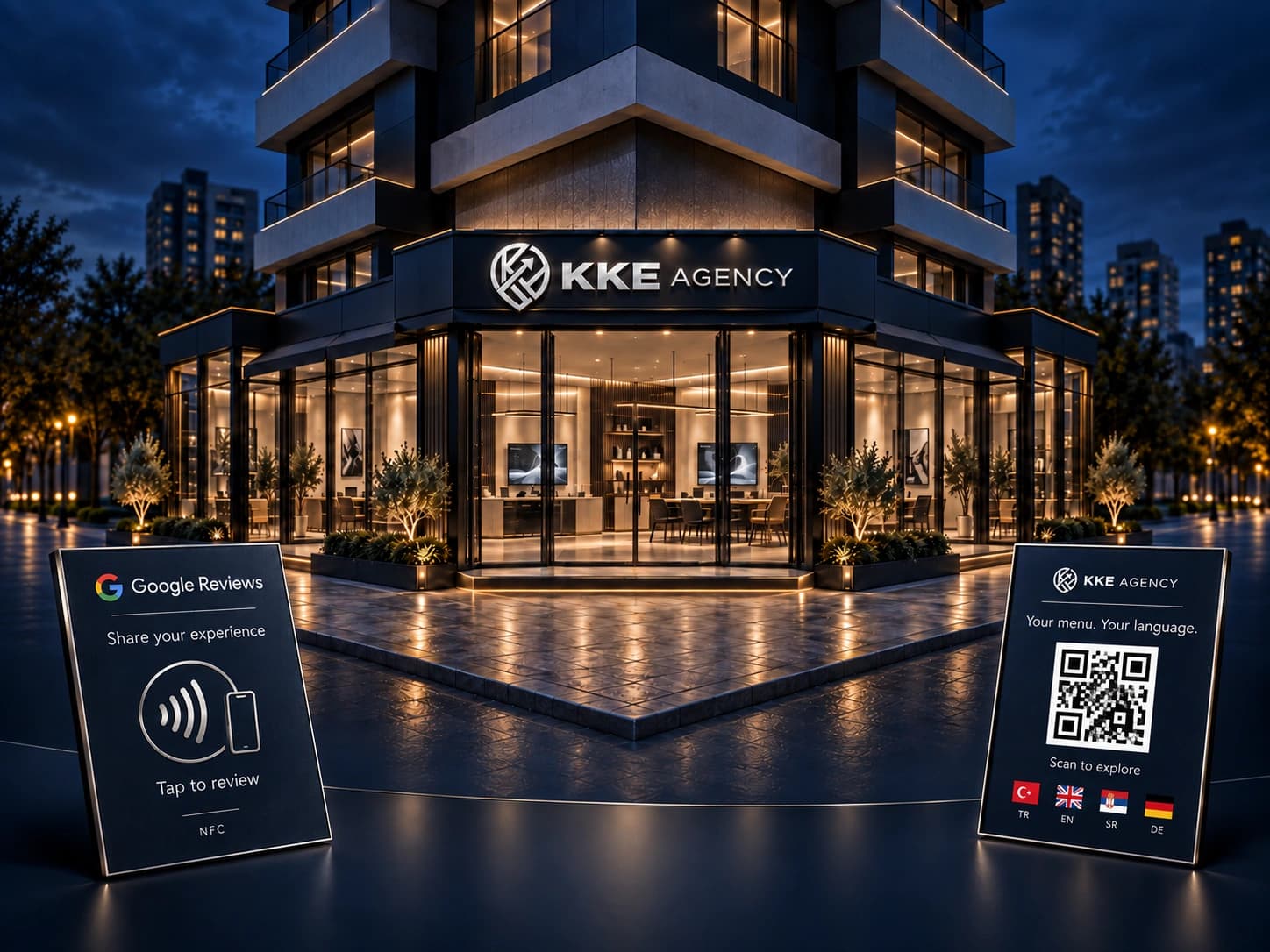 KKE Agency storefront concept with a Google reviews NFC plaque and a multilingual menu QR plaque